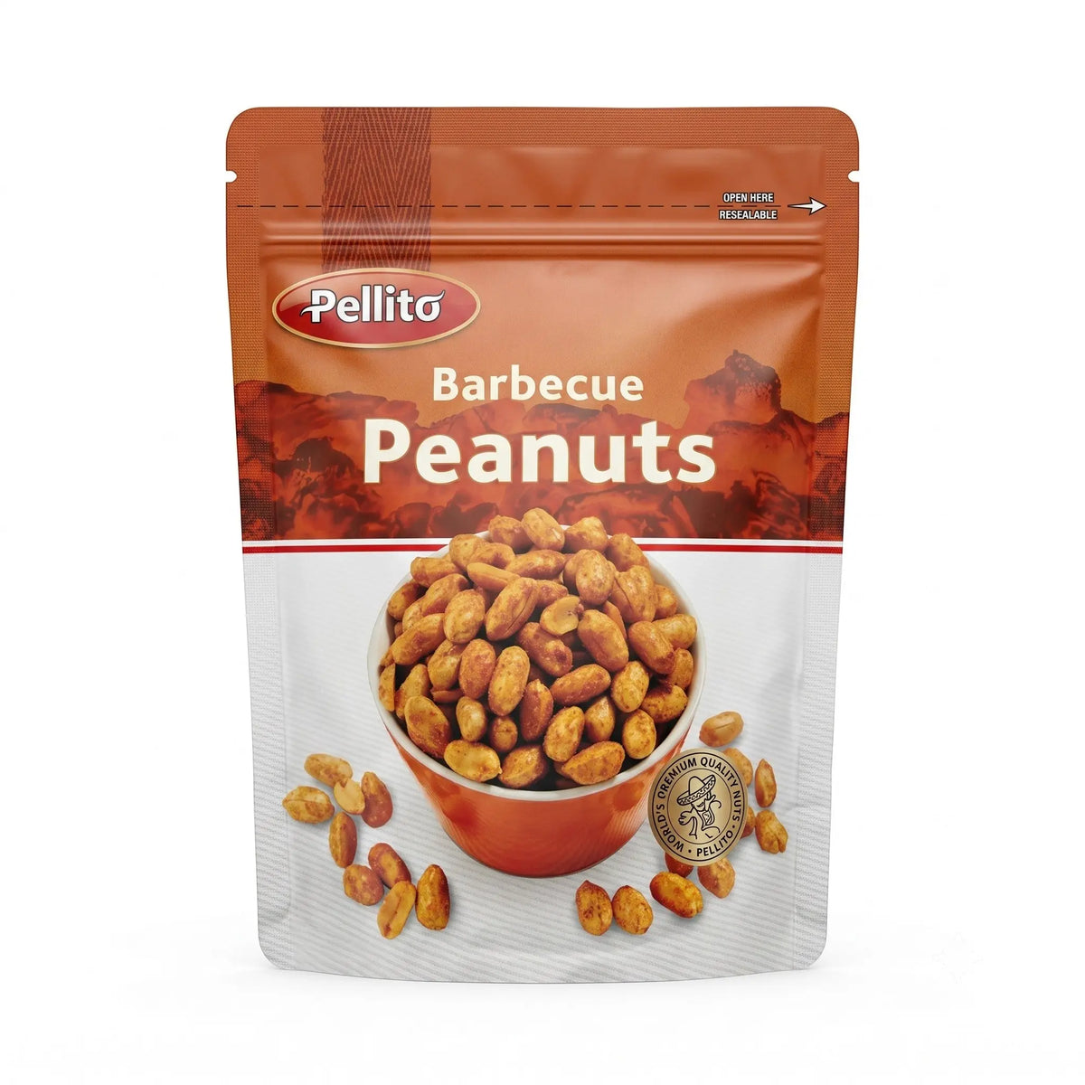 Delikatesi i tako to... Pellito barbecue flavored salted peanuts in a 150g resealable snack pouch.
