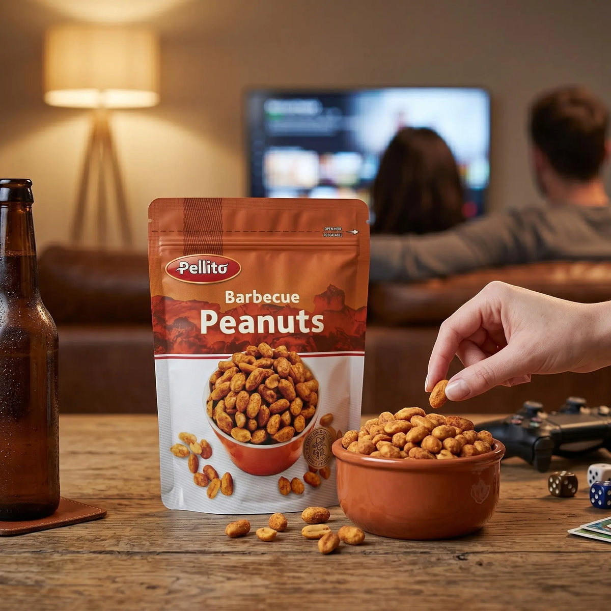 Delikatesi i tako to... Pellito barbecue flavored roasted peanuts in a 150g resealable pouch on a wooden table.