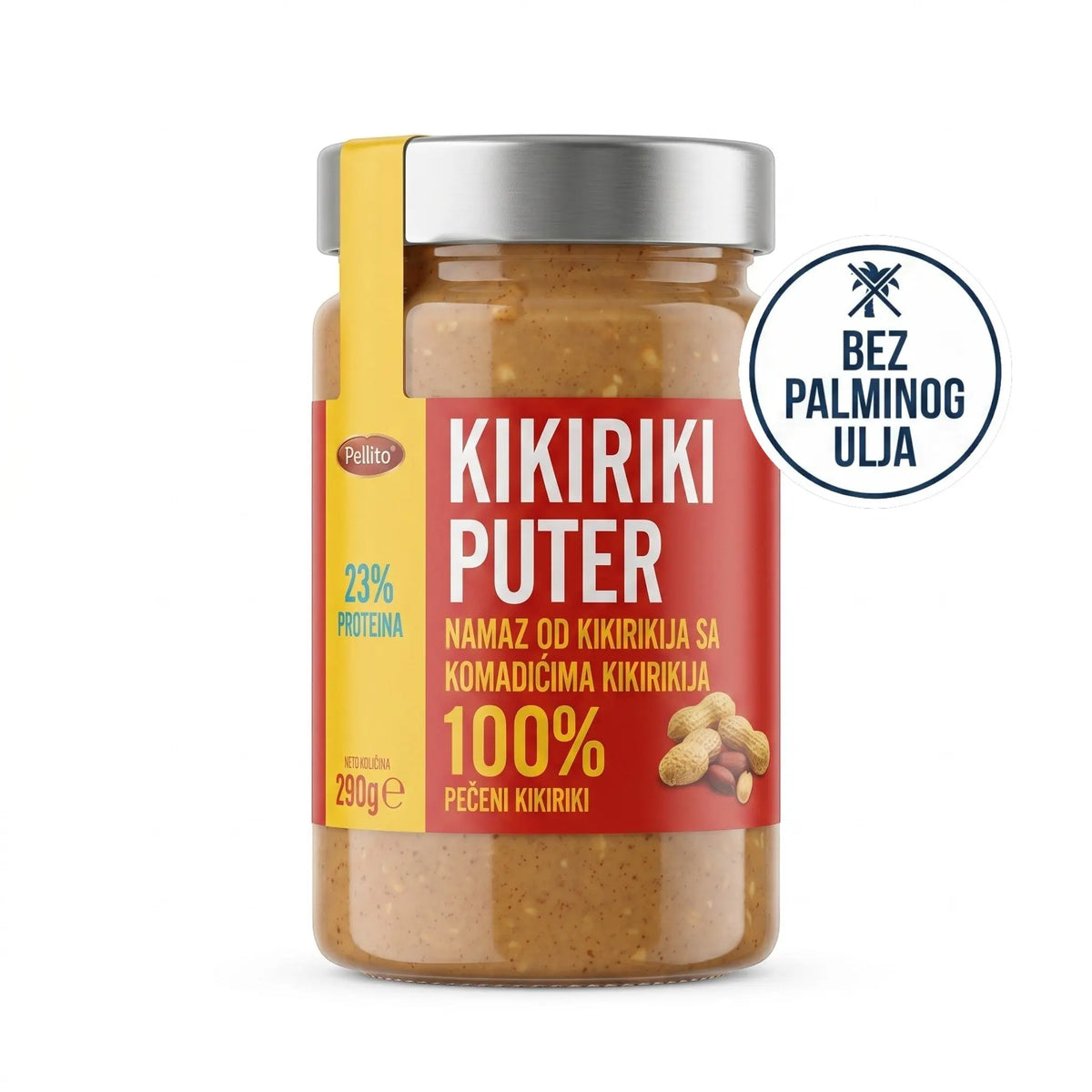 Delikatesi i tako to... Pellito crunchy peanut butter in a 290g glass jar with red and yellow label.
