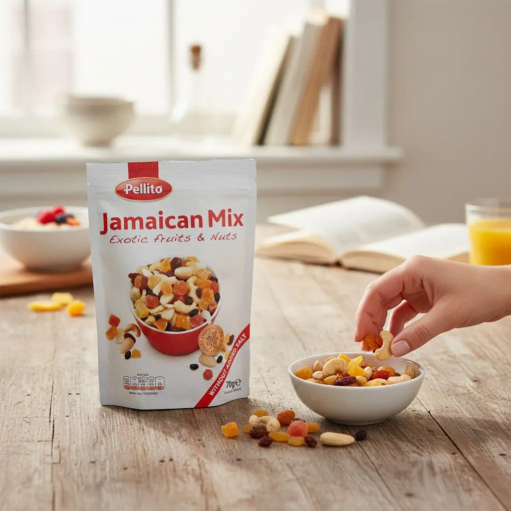 Delikatesi i tako to... Pellito Jamaican mix of exotic dried fruits and nuts in a 125g bag on a wooden table.