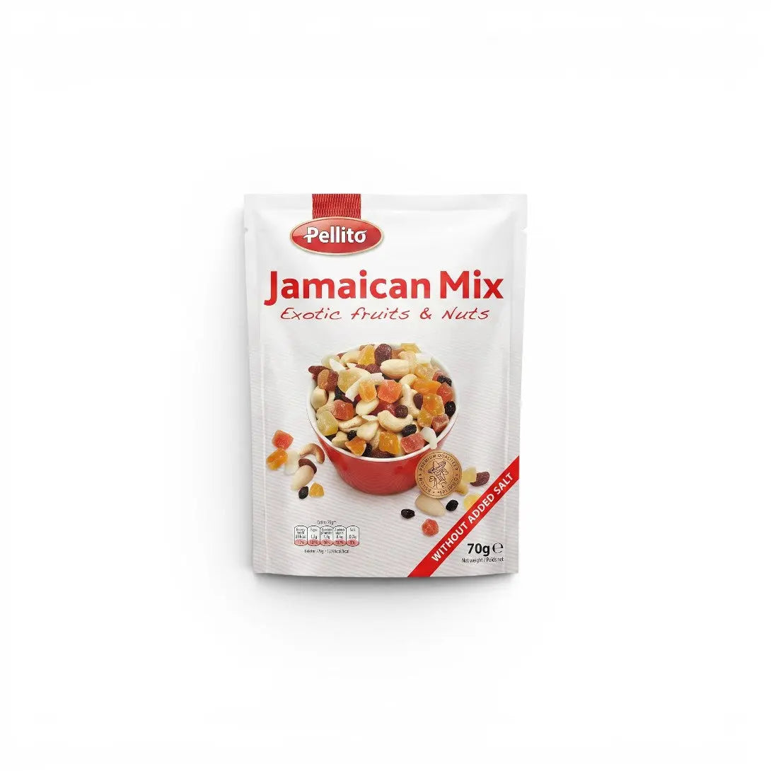 Pellito Jamaican Mix exotic fruits and nuts from Delikatesi i tako to... in a 70g bag, unsalted snack blend.