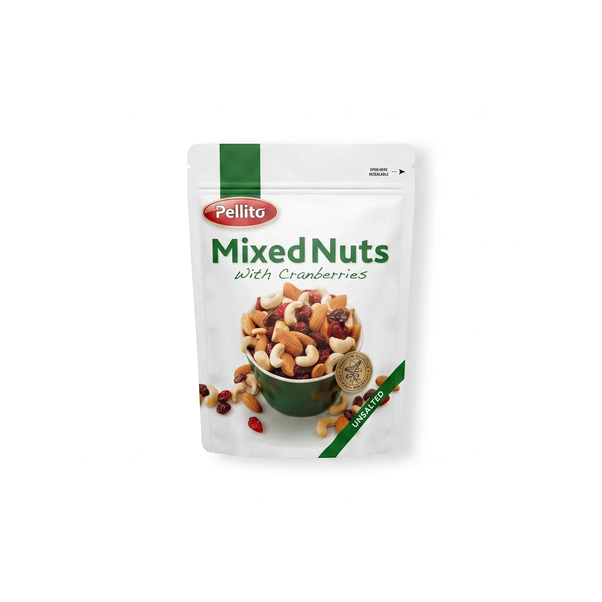 Delikatesi i tako to... Pellito 150g resealable pouch of unsalted mixed nuts and dried cranberries.