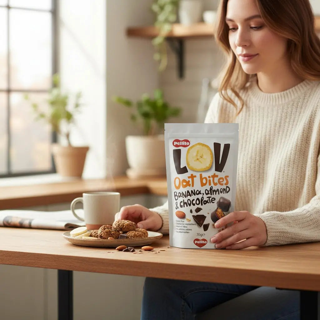 Woman enjoying Delikatesi i tako to... Pellito oat bites with banana, almond, and chocolate on a wooden kitchen table.