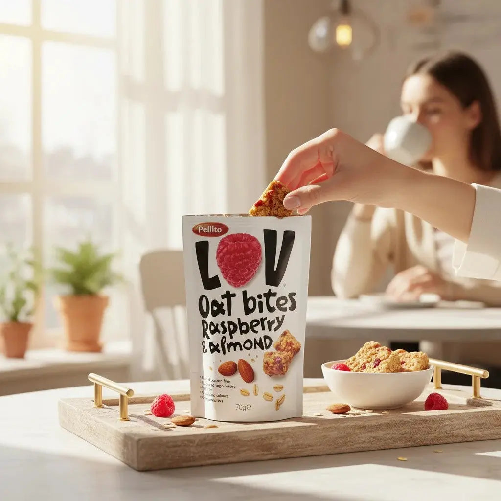 Delikatesi i tako to... Pellito oat bites with raspberry and almond in a 70g pouch, served on a wooden tray.