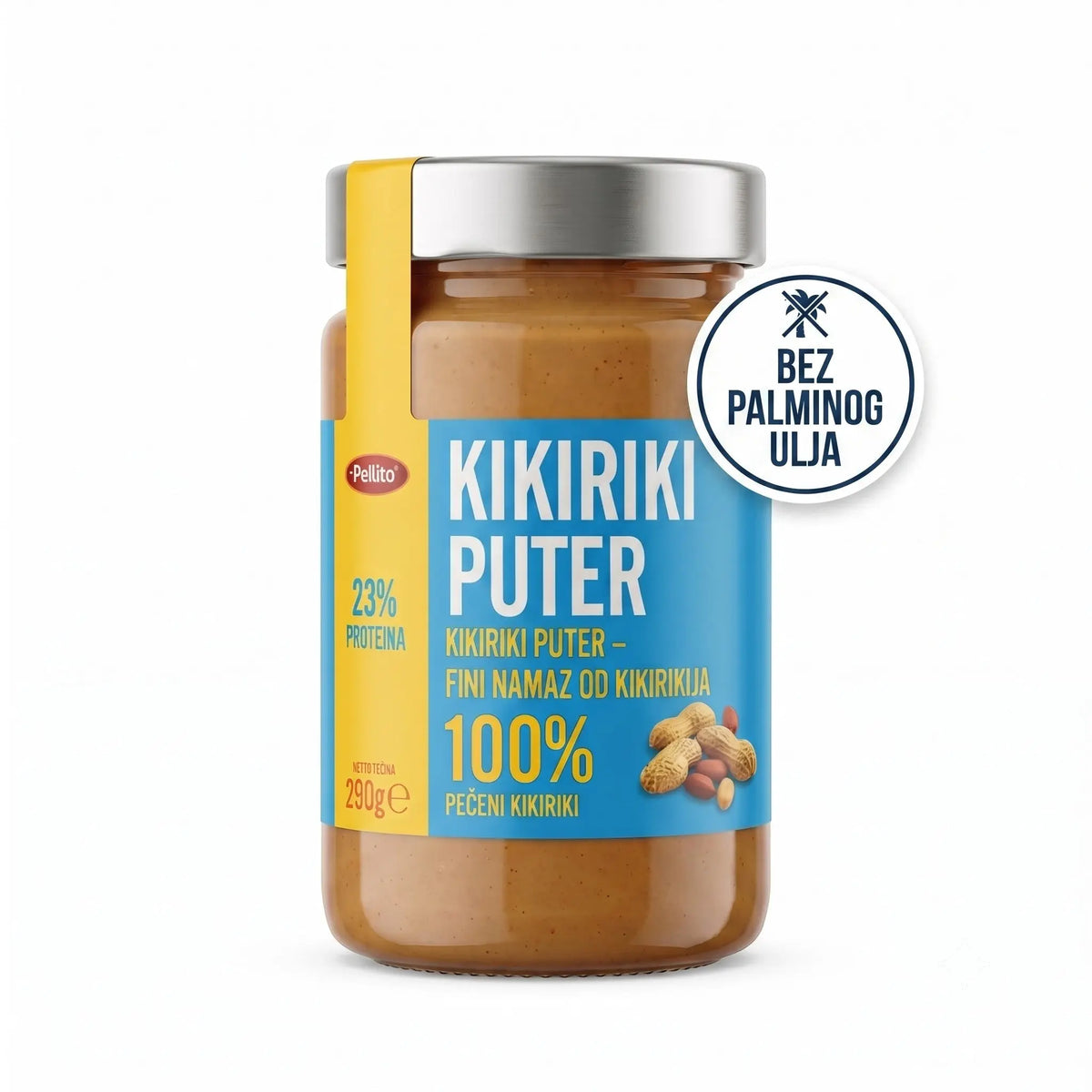 Delikatesi i tako to... Pellito 290g peanut butter jar with blue label, palm oil free, 100% roasted peanuts.