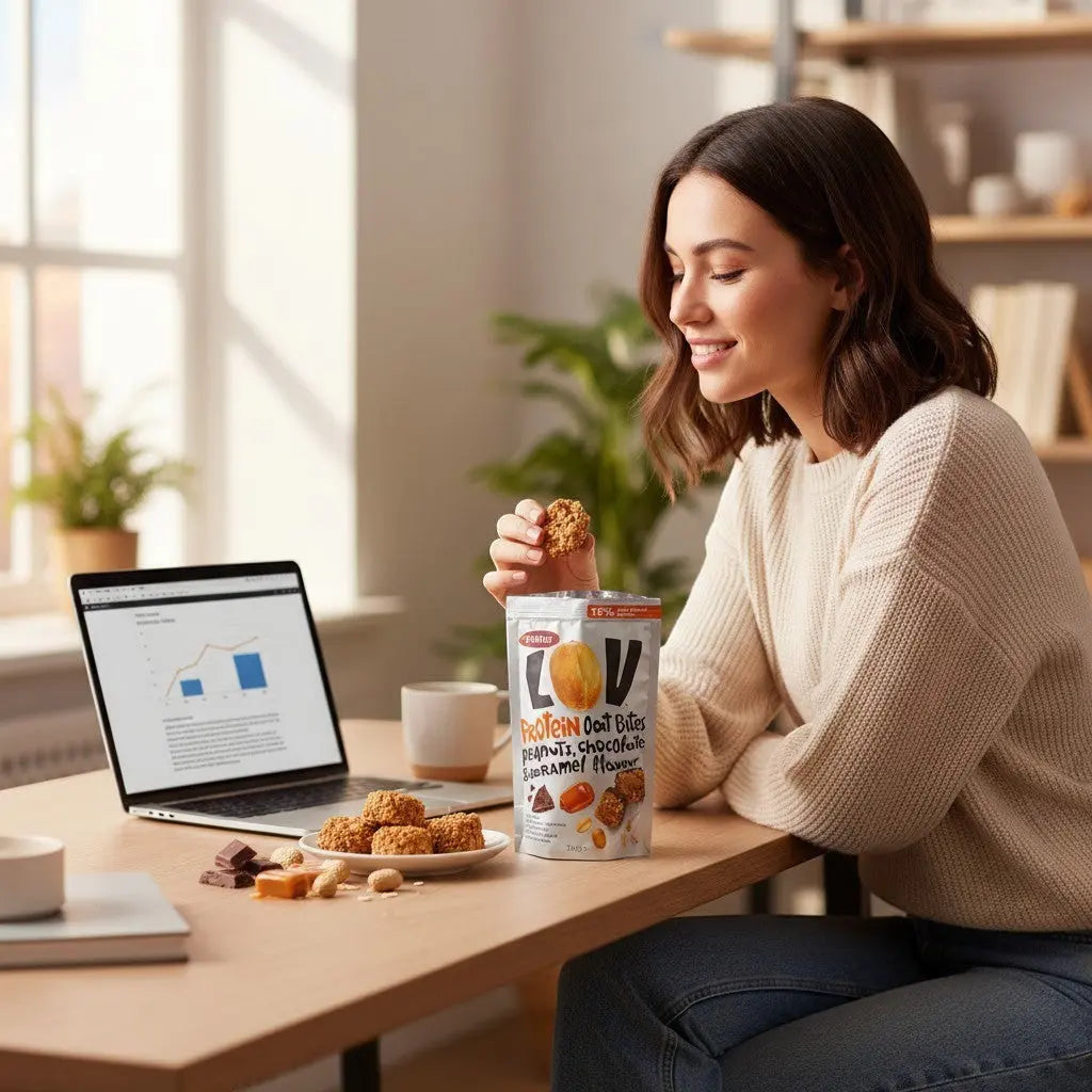 Woman eating Delikatesi i tako to... Pellito protein oat bites with peanut, chocolate, and caramel at a desk.