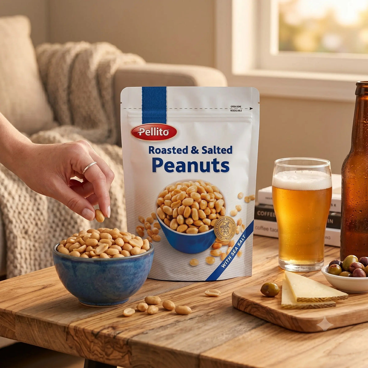 Delikatesi i tako to... Pellito roasted and salted peanuts in a resealable bag with a bowl of nuts and beer on a table.