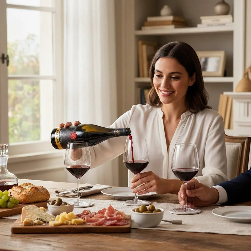 Delikatesi i tako to... Puglia Rosso Appassimento red wine being poured by a woman at a dinner table with appetizers.
