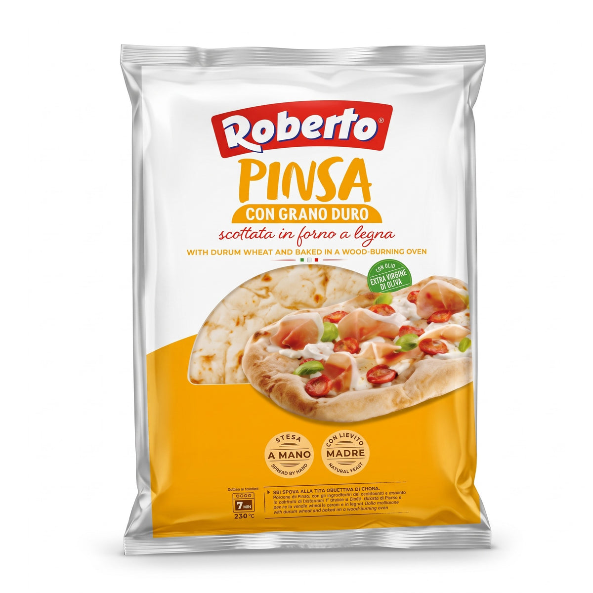 Roberto wood-fired pinsa crust in a 230g plastic packaging with durum wheat and extra virgin olive oil