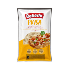 Roberto wood-fired pinsa pizza base in 230g packaging with a photo of a topped pizza on a white and yellow background.