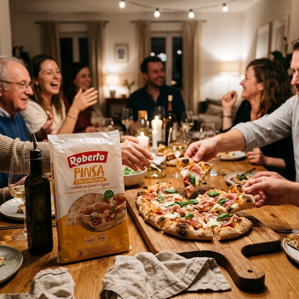 Delikatesi i tako to Roberto pinsa package next to a freshly baked pizza being shared by friends at a dinner table.