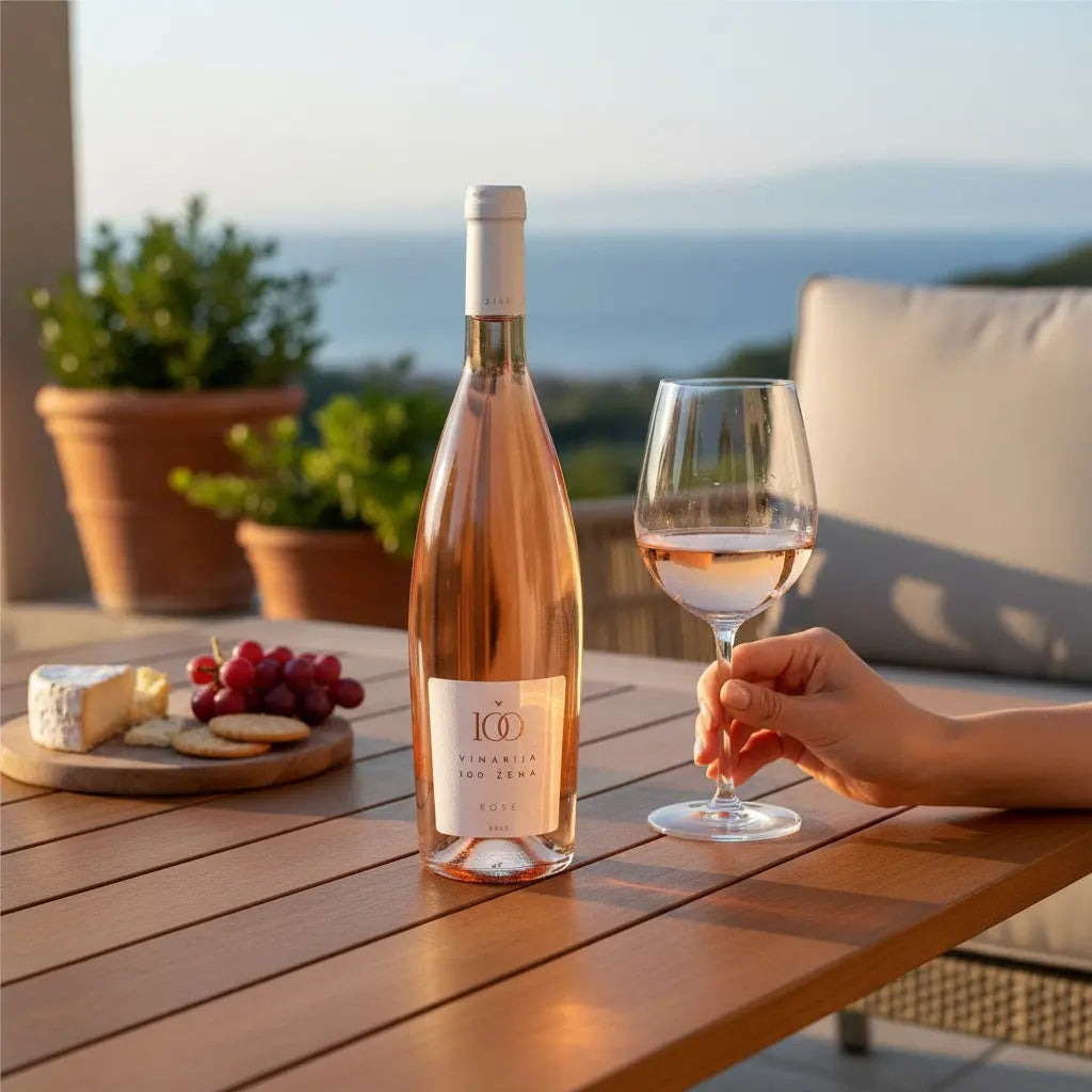 Delikatesi i tako to... ROSE VINO 100 ŽENA wine bottle and glass on a wooden table with cheese and grapes at sunset