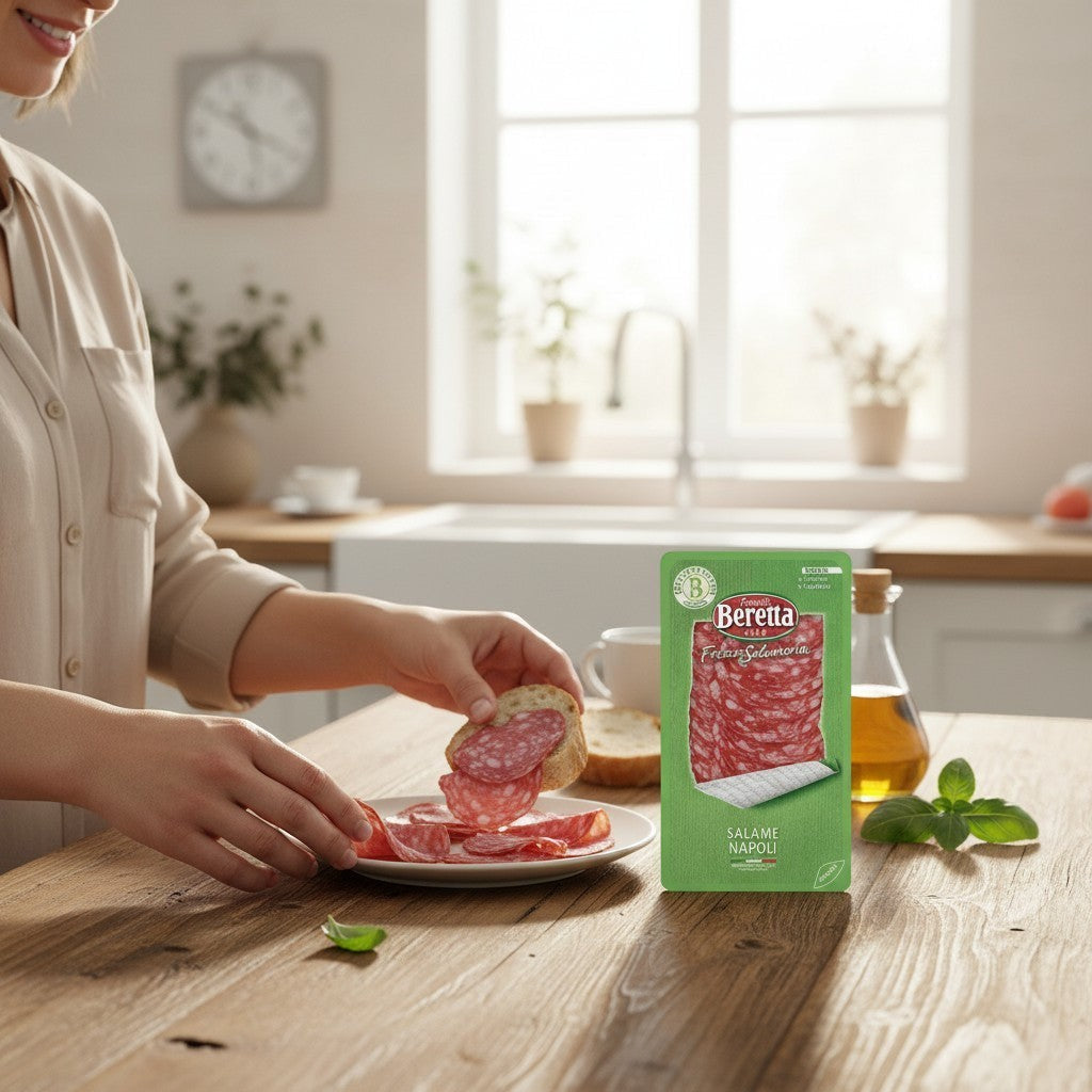 Delikatesi i tako to... Salama Napoli Beretta 80g sliced salami on a plate with bread in a bright kitchen setting