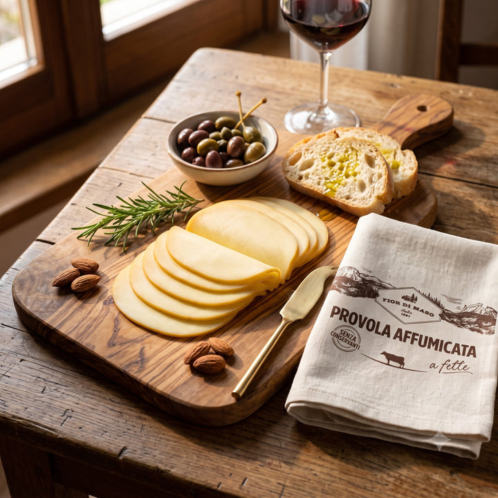 Delikatesi i tako to... Fior di Maso sliced smoked Provola cheese served on a wooden board with bread and olives.