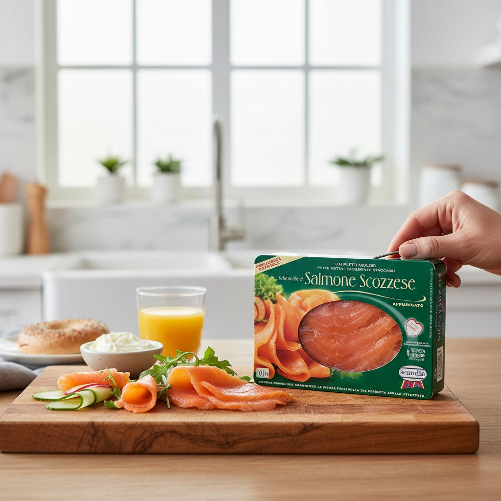 Delikatesi i tako to... Scandia smoked Scottish salmon, 100g, thinly sliced, ready to eat.