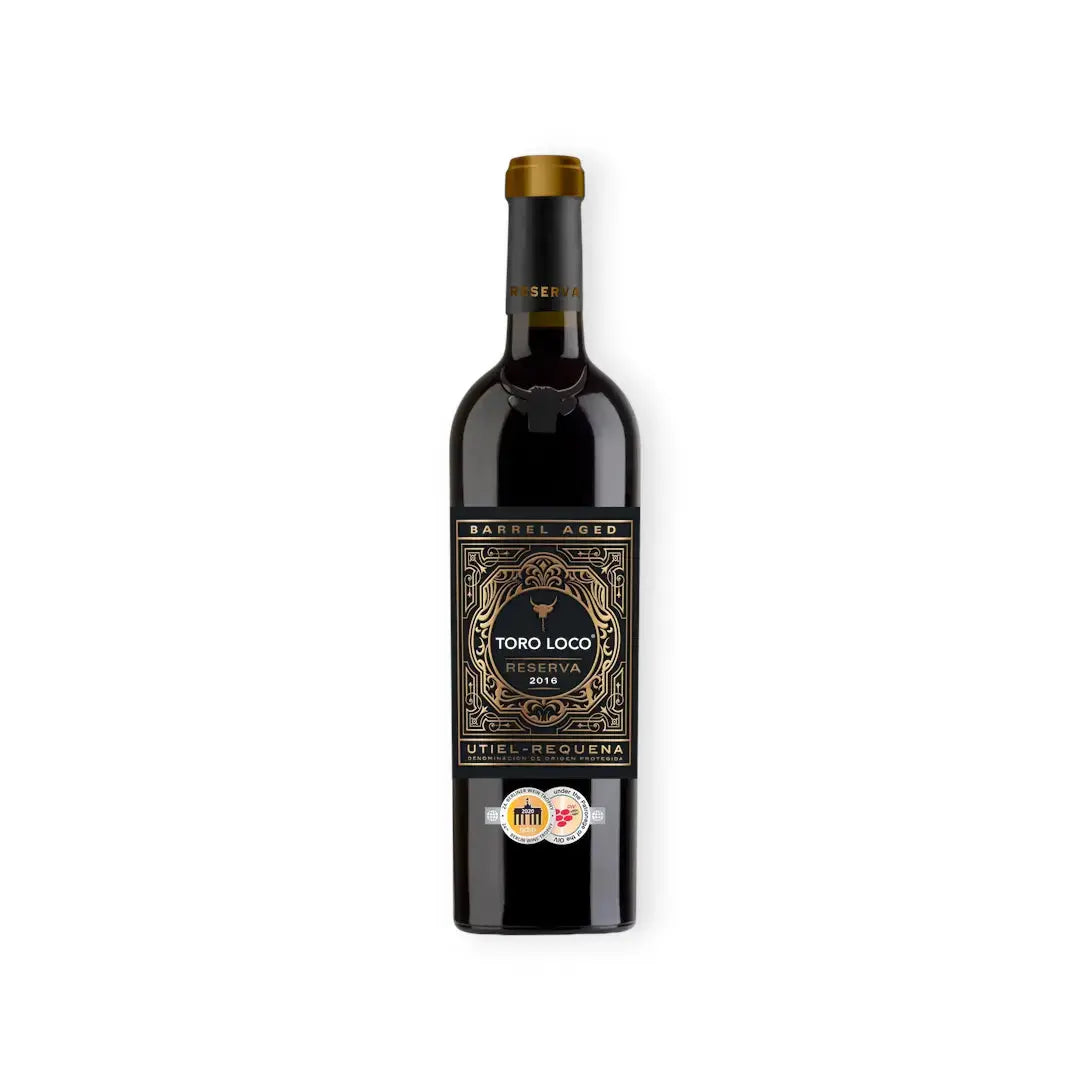 Delikatesi i tako to... Toro Loco Reserva 2016 red wine bottle with gold label and black background