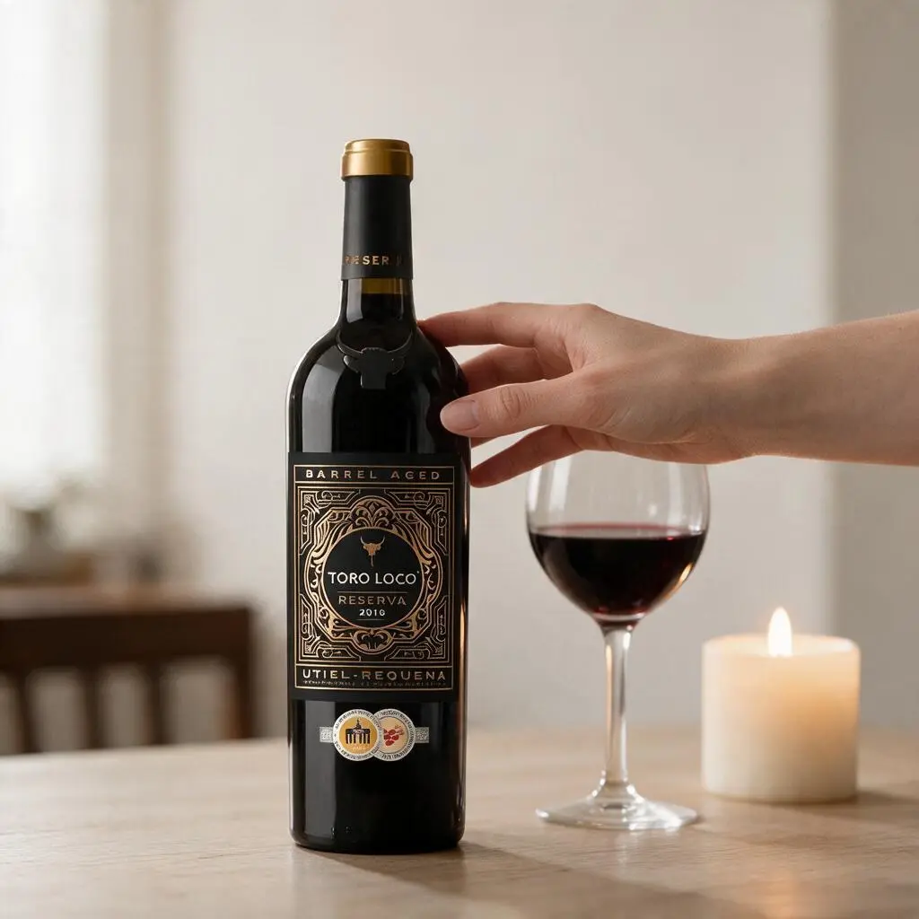 Delikatesi i tako to... Toro Loco Reserva red wine bottle with a glass and candle on a wooden table