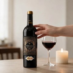 Delikatesi i tako to... Toro Loco Reserva red wine bottle with a glass and candle on a wooden table