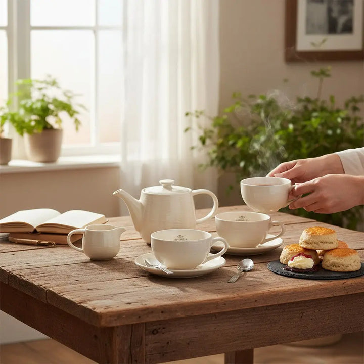 Delikatesi i tako to... Ahmad Tea white porcelain tea set with teapot, cups, milk jug, and sugar bowl on rustic table