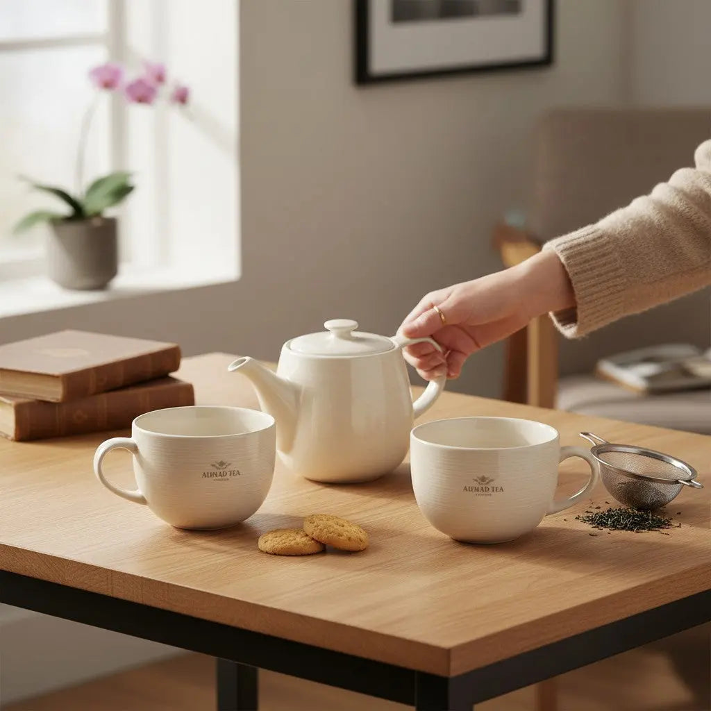 Delikatesi i tako to... white porcelain Ahmad Tea teapot and two mugs on a wooden table with cookies and infuser