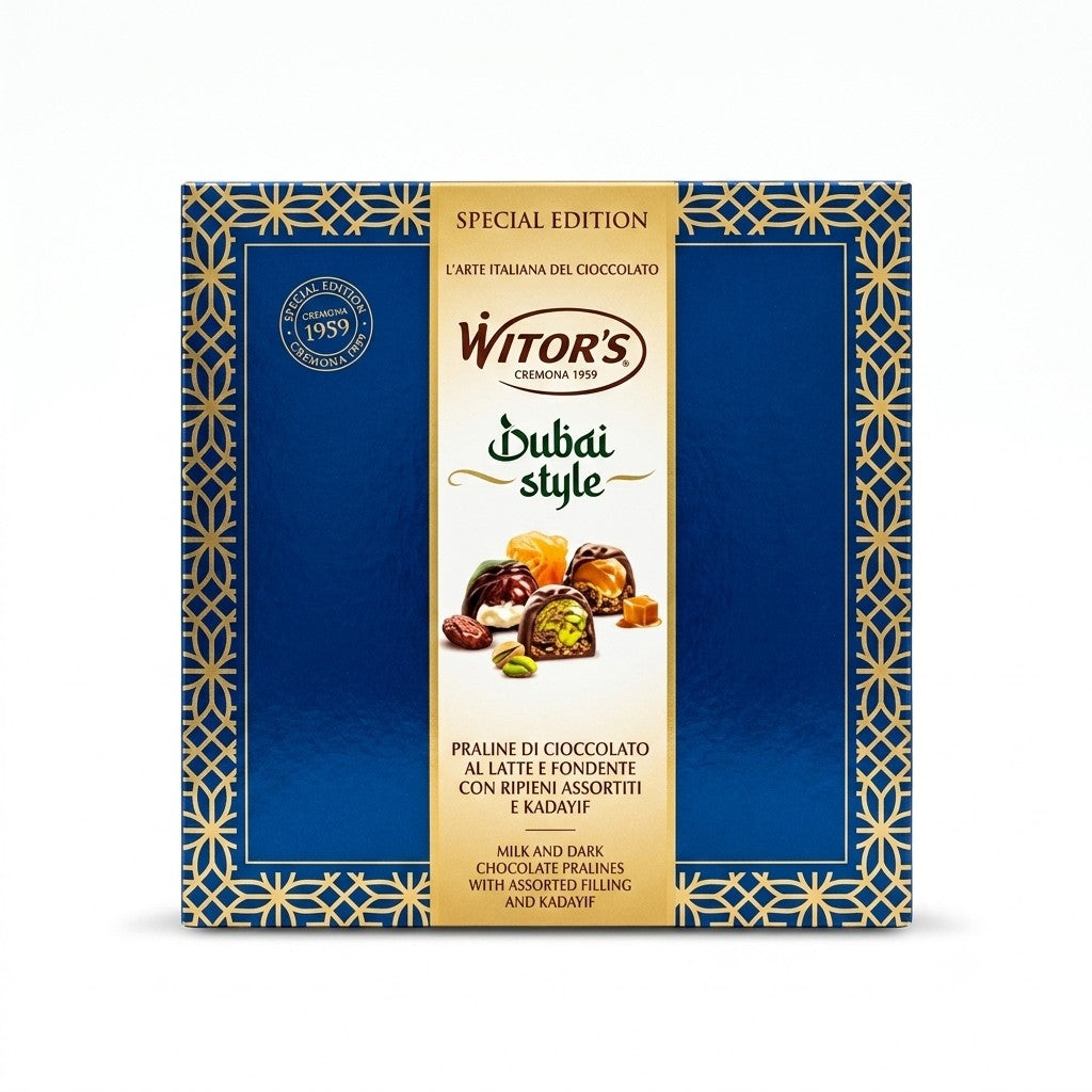 Delikatesi i tako to... Witor's Dubai Style milk and dark chocolate pralines with assorted fillings in a blue gift box