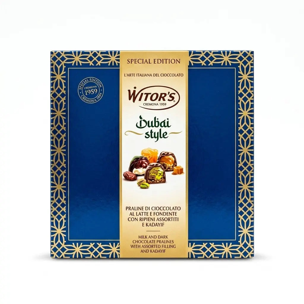 Delikatesi i tako to... Witor's Dubai Style milk and dark chocolate pralines with assorted fillings in a blue gift box