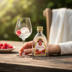 Delikatesi i tako to... miniature bottle of Zarić Opsesija raspberry brandy next to a wine glass with a fresh raspberry