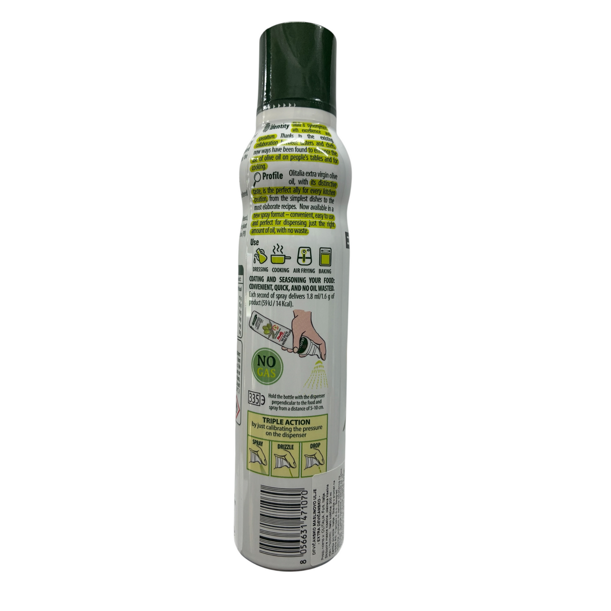 The back of a white aerosol can with a dark green cap, showing product instructions, icons, and a barcode on a plain white background.