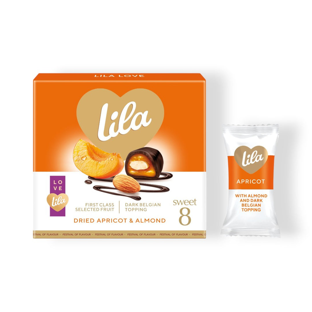 Lila apricot and almond snack package on a white background