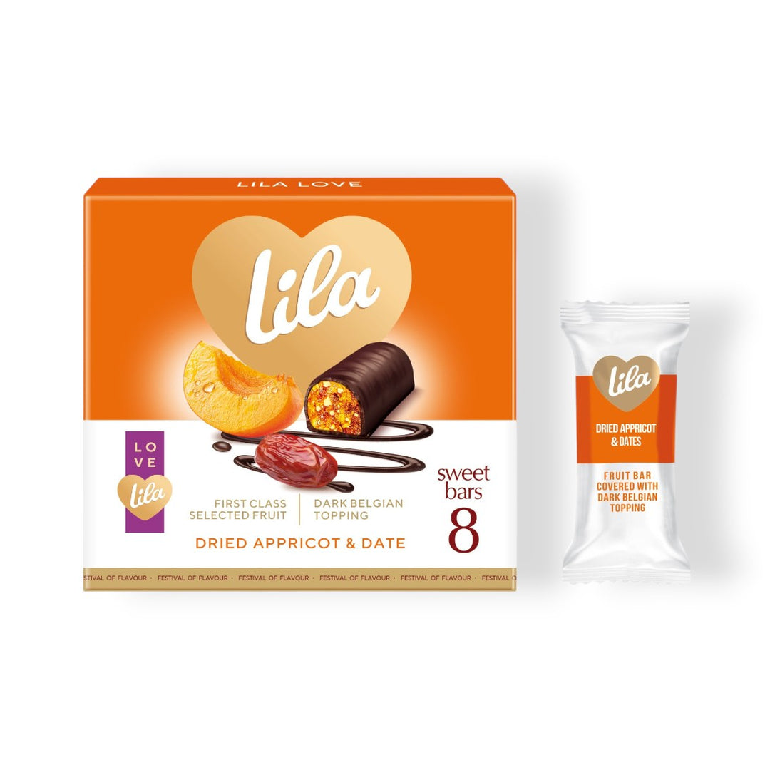 Lila sweet bars packaging with a box and a single bar on a white background