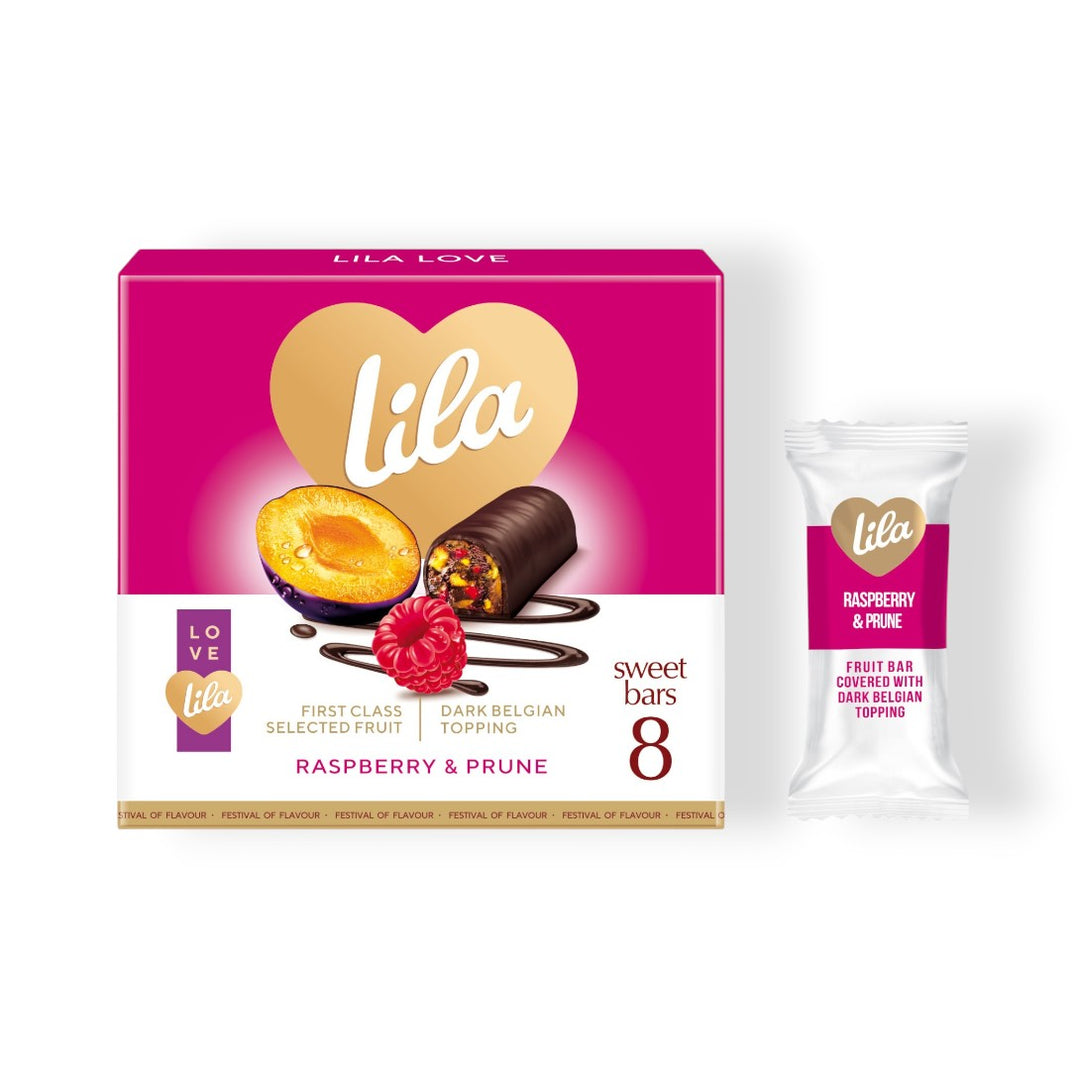 Lila sweet bars packaging with a heart design on a white background