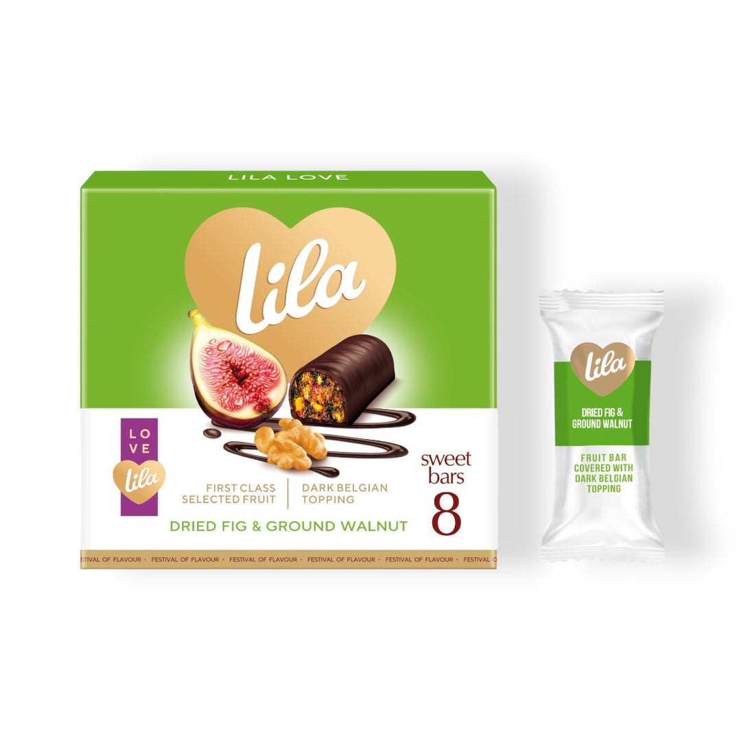 Lila sweet bar packaging with a green box and white wrapper on a white background