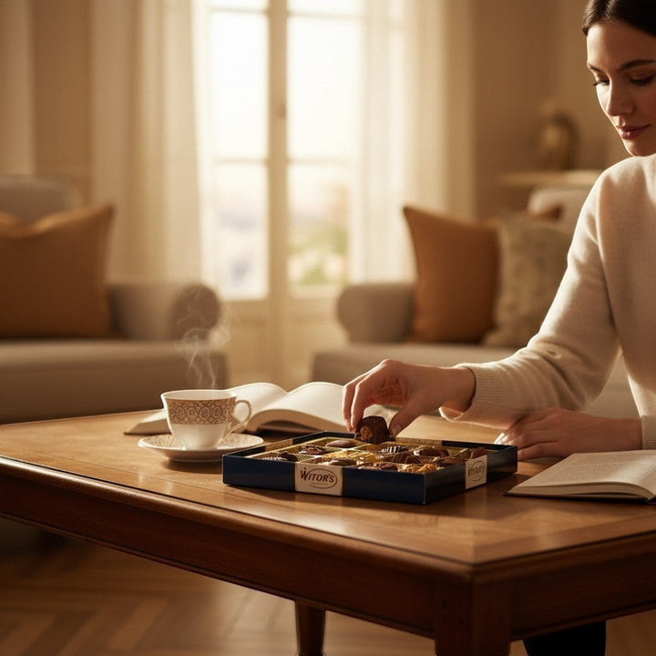 Delikatesi i tako to... Witor's Praline Dubai Style chocolates in a dark blue box, a woman selects a chocolate with a cup of steaming coffee nearby.