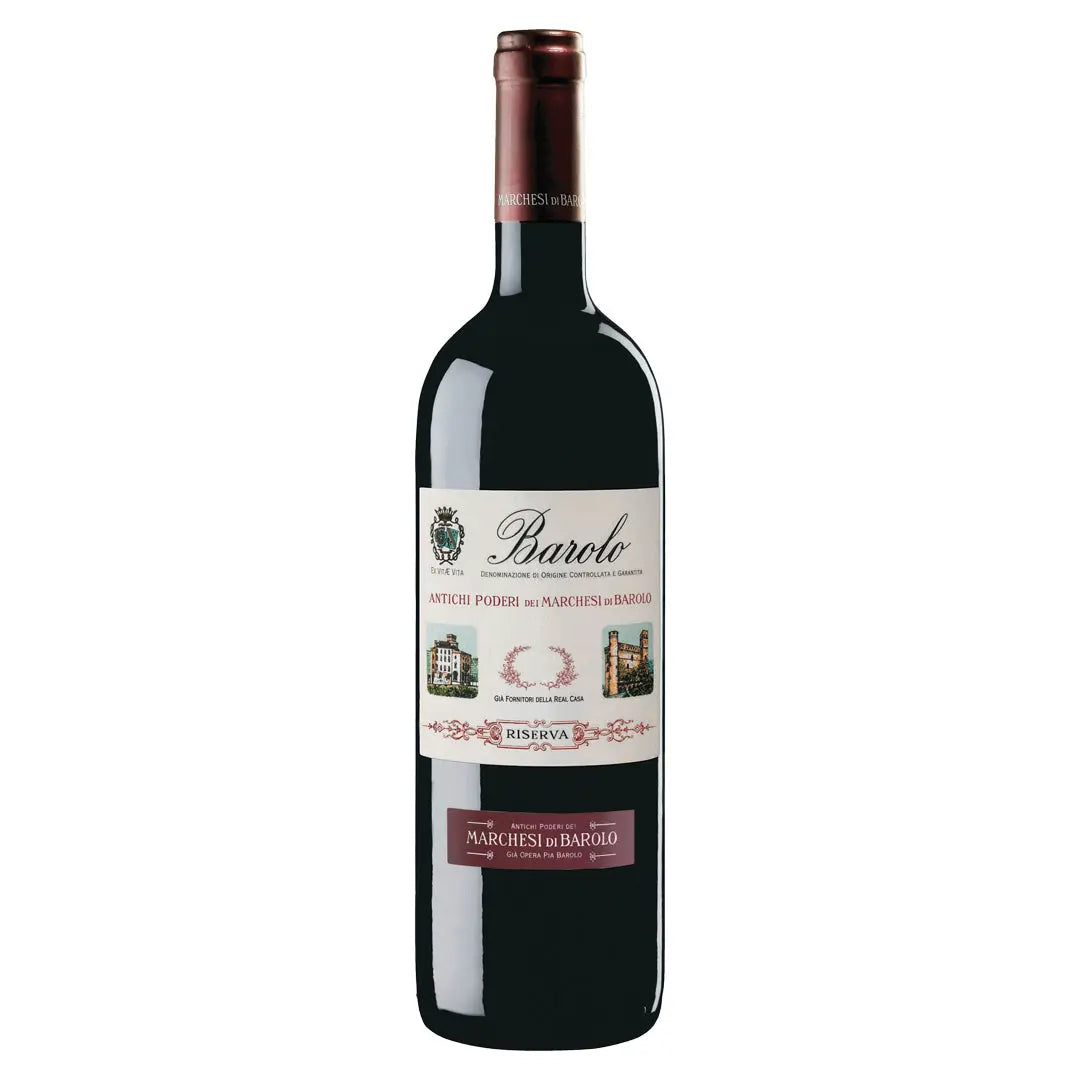 Bottle of Barolo Riserva Marchesi di Barolo red wine with a dark label and a clear, deep red wine visible in the bottle.